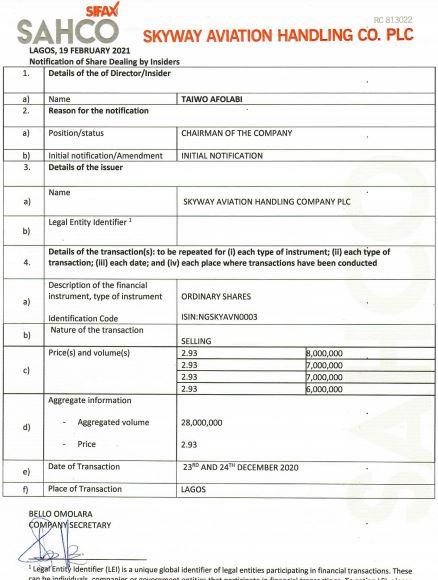 SAHCO Insider Buys ₦82.04Million in Stock Brandnewsday