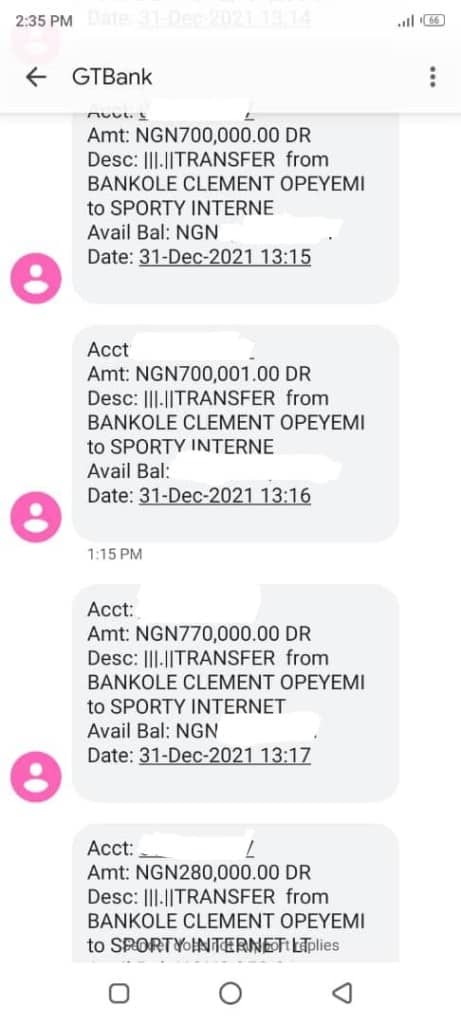 Debit alerts on Clement Opeyemi's account.