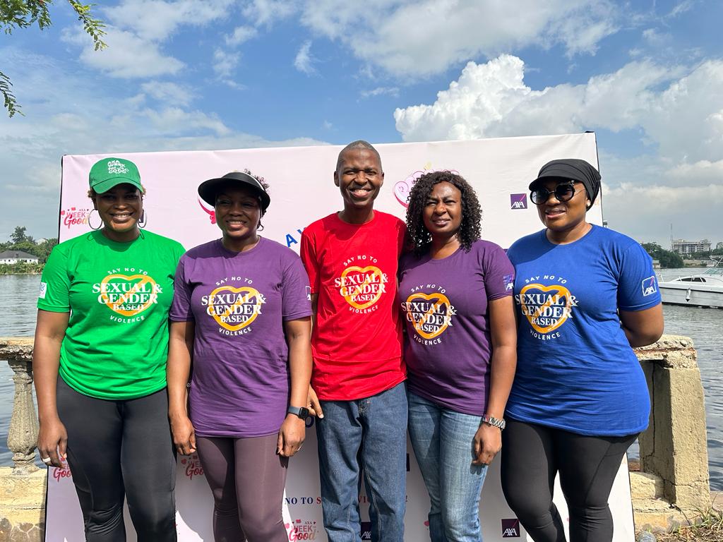 L-R: Jumoke Odunlami, Chief Customer and Marketing Officer AXA Mansard Insurance, Rashidat Adebisi, Chief Client Officer AXA Mansard Insurance, Tope Adeniyi, Chief Executive Officer AXA Mansard Health, Adeola Potts-Johnson Program Lead, Women At Risk International Foundation – WARIF, Adebola Surakat, Chief Fulfilment officer AXA Mansard Insurance, at the just concluded Awareness Walk organized by the company to combat ‘Sexual and Gender Based Violence in Nigeria’.