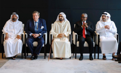 His Highness Sheikh Mohammed bin Rashid Al Maktoum, Vice President, Prime Minister and Ruler of Dubai middle, AD 1st right and Mr Johann Rupert, Chairman, Richemont & Remgro and Founder, Rupert Education Foundation South Africa, during a meeting with His Highness and the African Business Leaders Delegation in Dubai on the 6th of December, 2025.