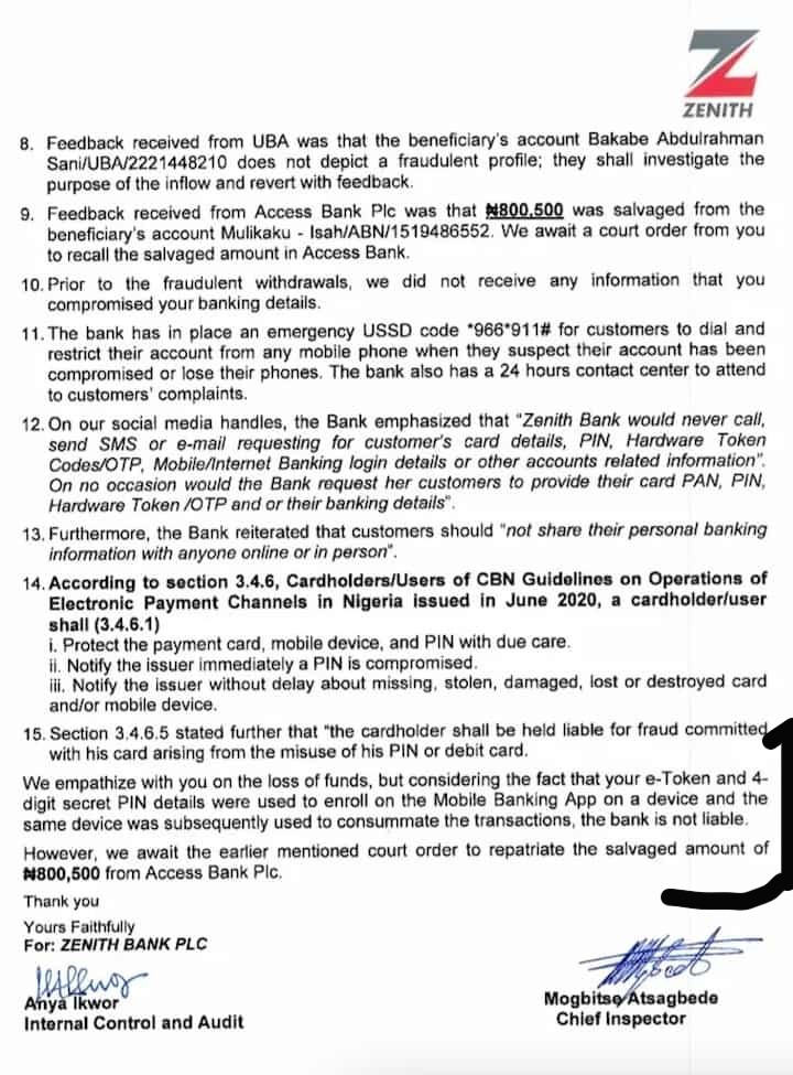 Zenith Bank Recovers 'Ridiculous' N800,500 only for Customer Whose N4m Was taken Without Authorisation